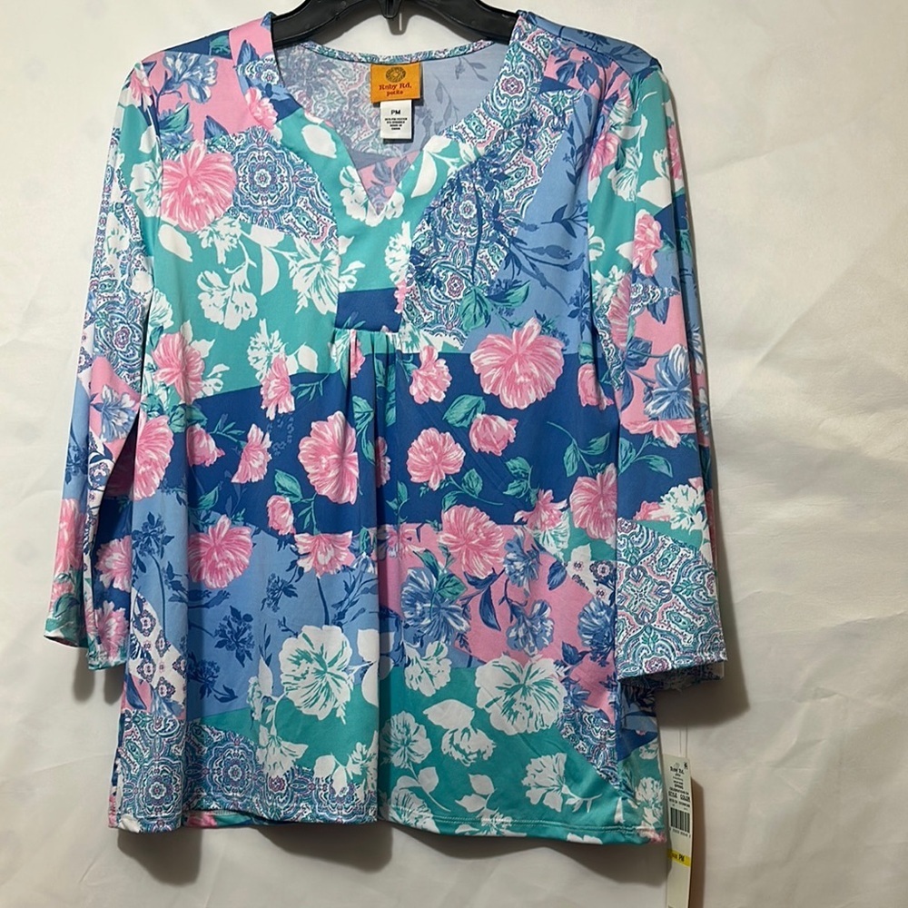 Cato Blue and Pink Graphic 3/4 Sleeve Blouse